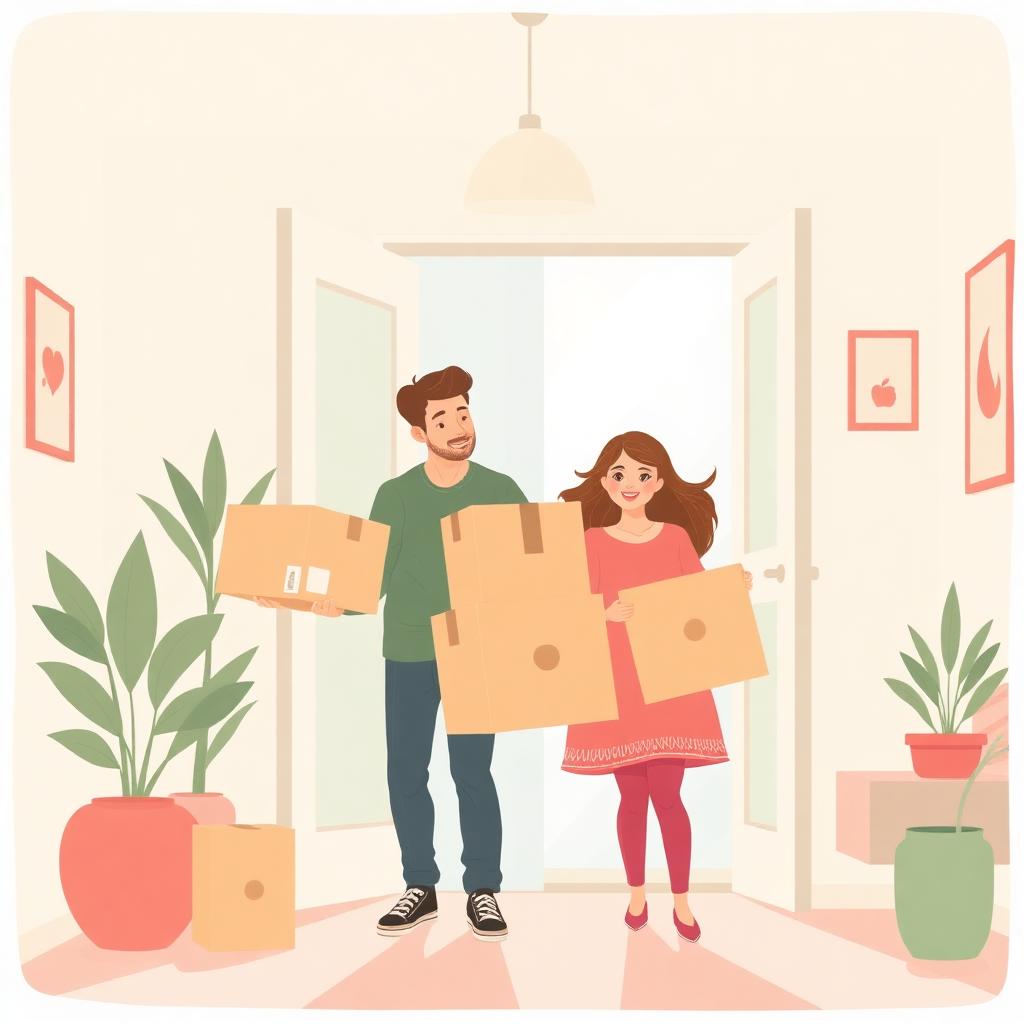 A couple carrying moving boxes into their new apartment on move-in day.